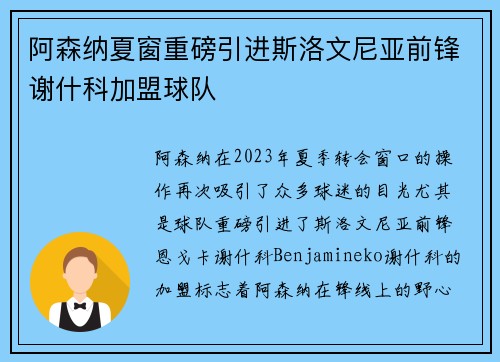 阿森纳夏窗重磅引进斯洛文尼亚前锋谢什科加盟球队